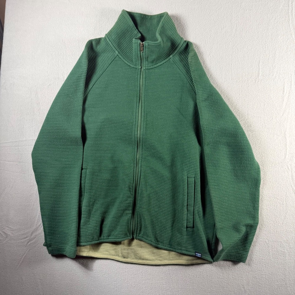 LL Bean Mens M Petite Green Ribbed Full Zip Fleece Jacket Mock Neck 524092